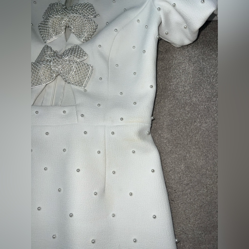 Rebecca Vallance White bow Mini Dress Puff Sleeves pearls bride size 2, 4 stains - Picture 14 of 16